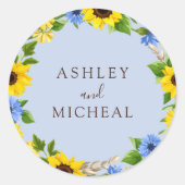 Blue Rustic Fall Sunflower Wreath Hochzeitsticker Runder Aufkleber (Vorderseite)