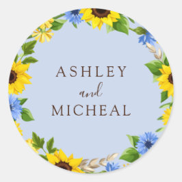 Blue Rustic Fall Sunflower Wreath Hochzeitsticker Runder Aufkleber