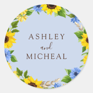 Blue Rustic Fall Sunflower Wreath Hochzeitsticker Runder Aufkleber