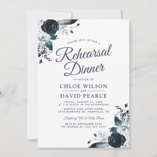 Blue Rustic Floral Wedding Probe Dinner Einladung (Vorderseite)