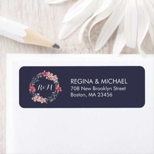 Blue Rustic Floral Wreath Monogram Address Label (Insitu)