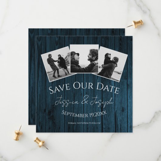 Blue Rustic Foto Collage Save the Date (Vorderseite/Rückseite Beispiel)