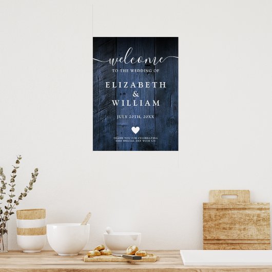 Blue Rustic Holz Barn Wedding Willkommenszeichen Poster (Küche)