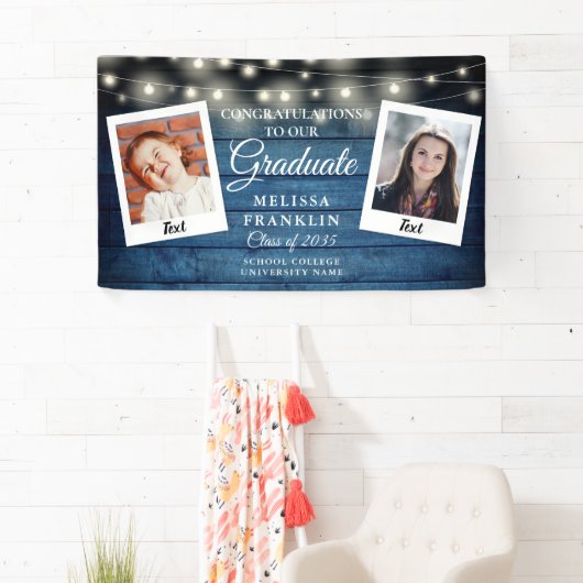 Blue Rustic Holz String Lights 2 Foto Abschluss Banner (Insitu)