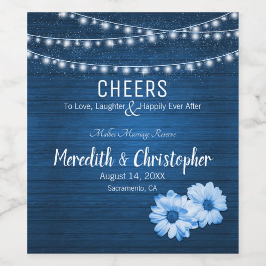 Blue Rustic Holz String Lights Daisy Wedding Weinetikett (Einzelnes Label)