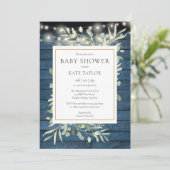 Blue Rustic Holz String Lights Foliage Baby Dusche Einladung (Stehend Vorderseite)