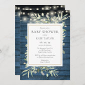 Blue Rustic Holz String Lights Foliage Baby Dusche Einladung (Vorne/Hinten)