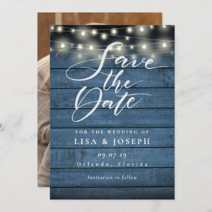 Blue Rustic Holz String Lights Foto Hochzeit Save The Date