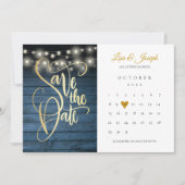 Blue Rustic Holz String Lights Kalender Gold Herz Save The Date (Vorderseite)