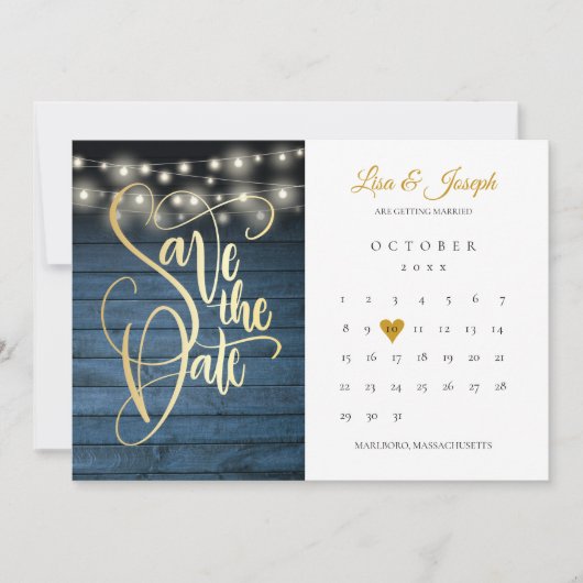 Blue Rustic Holz String Lights Kalender Gold Herz Save The Date (Vorderseite)