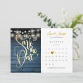 Blue Rustic Holz String Lights Kalender Gold Herz Save The Date (Stehend Vorderseite)