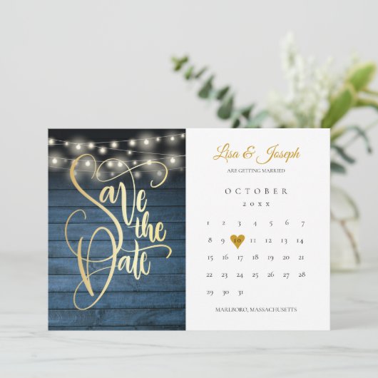 Blue Rustic Holz String Lights Kalender Gold Herz Save The Date (Stehend Vorderseite)