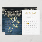 Blue Rustic Holz String Lights Kalender Gold Herz Save The Date (Vorne/Hinten)