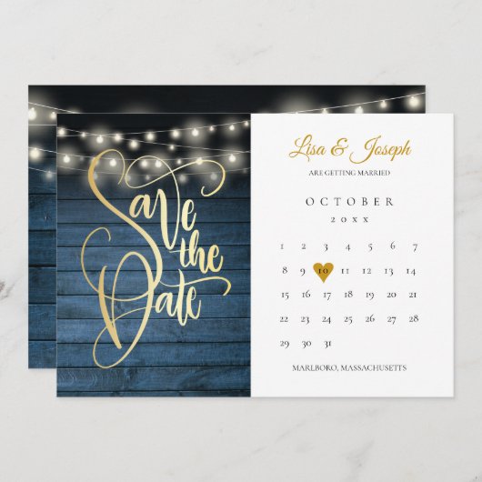 Blue Rustic Holz String Lights Kalender Gold Herz Save The Date (Vorne/Hinten)
