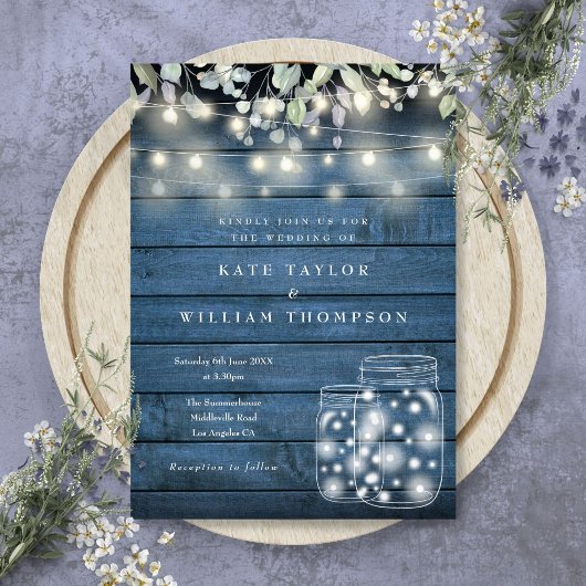 Blue Rustic Holz String Lights Mason Jar Wedding Einladung