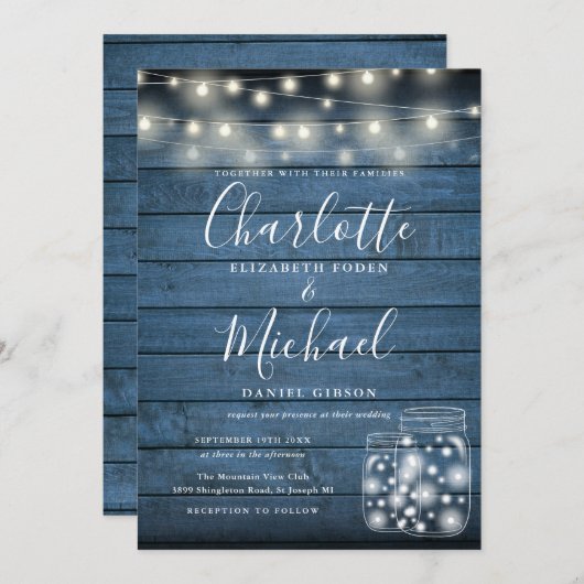 Blue Rustic Holz String Lights Mason Jars Wedding Einladung (Vorne/Hinten)