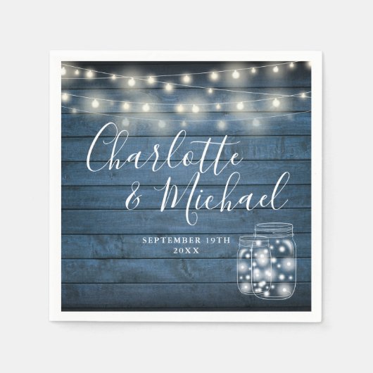 Blue Rustic Holz String Lights Mason Jars Wedding Serviette (Vorderseite)