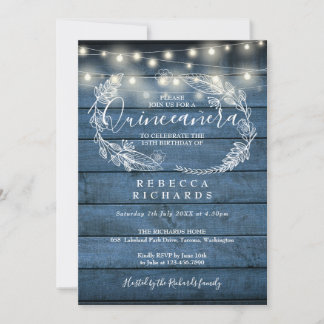 Blue Rustic Holz String Lights Quinceañera 15. Einladung