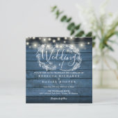 Blue Rustic Holz String Lights Square Hochzeit Einladung (Stehend Vorderseite)