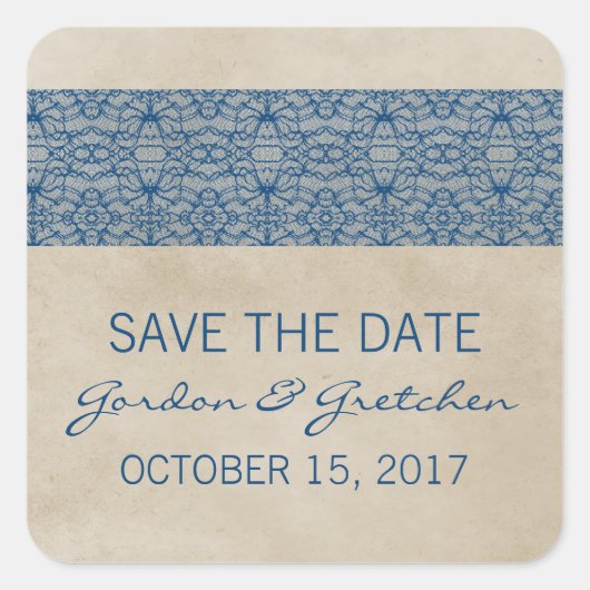 Blue Rustic Lace Save the Date Stickers (Vorderseite)