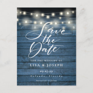 Blue Rustic Lights Foto QR Code Save the Date Postkarte