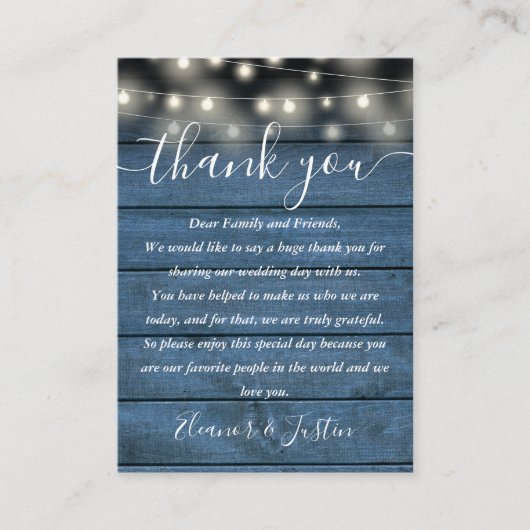 Blue Rustic Lights Hochzeit Danke Platzkarte (Vorderseite)
