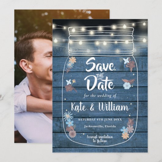 Blue Rustic Mason Jar String Lights Floral Foto Save The Date (Vorne/Hinten)