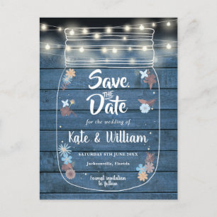 Blue Rustic Mason Jar String Lights Save the Date Ankündigungspostkarte