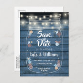 Blue Rustic Mason Jar String Lights Save the Date Ankündigungspostkarte (Vorne/Hinten)