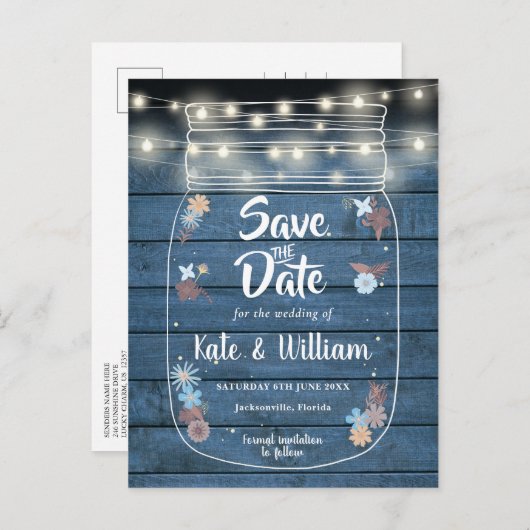 Blue Rustic Mason Jar String Lights Save the Date Ankündigungspostkarte (Vorne/Hinten)