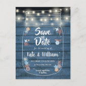Blue Rustic Mason Jar String Lights Save the Date Ankündigungspostkarte (Vorderseite)