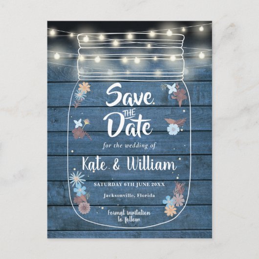 Blue Rustic Mason Jar String Lights Save the Date Ankündigungspostkarte (Vorderseite)