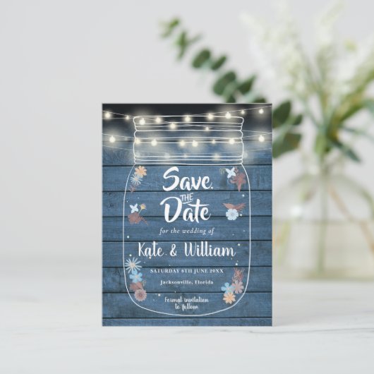 Blue Rustic Mason Jar String Lights Save the Date Ankündigungspostkarte (Stehend Vorderseite)