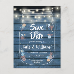 Blue Rustic Mason Jar String Lights Save the Date Einladungspostkarte