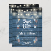 Blue Rustic Mason Jar String Lights Save the Date Einladungspostkarte (Vorne/Hinten)