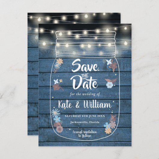 Blue Rustic Mason Jar String Lights Save the Date Einladungspostkarte (Vorne/Hinten)