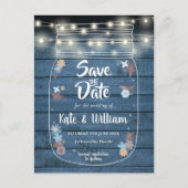 Blue Rustic Mason Jar String Lights Save the Date Einladungspostkarte (Vorderseite)
