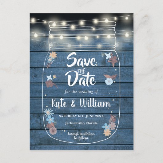 Blue Rustic Mason Jar String Lights Save the Date Einladungspostkarte (Vorderseite)