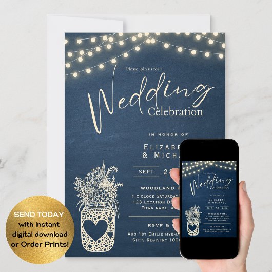 Blue Rustic Mason Jar Wedding DIGITAL Print Einladung