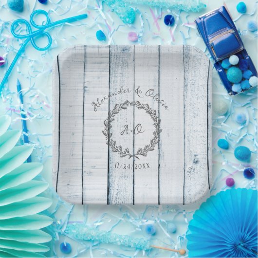 Blue Rustic Monogram Polterabend Paper Teller (Party)
