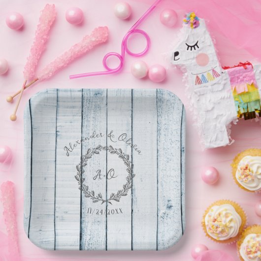 Blue Rustic Monogram Polterabend Paper Teller (Party)