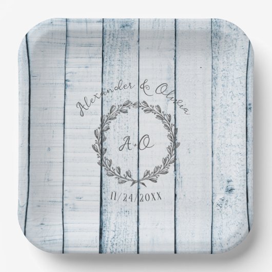 Blue Rustic Monogram Polterabend Paper Teller (Vorderseite)