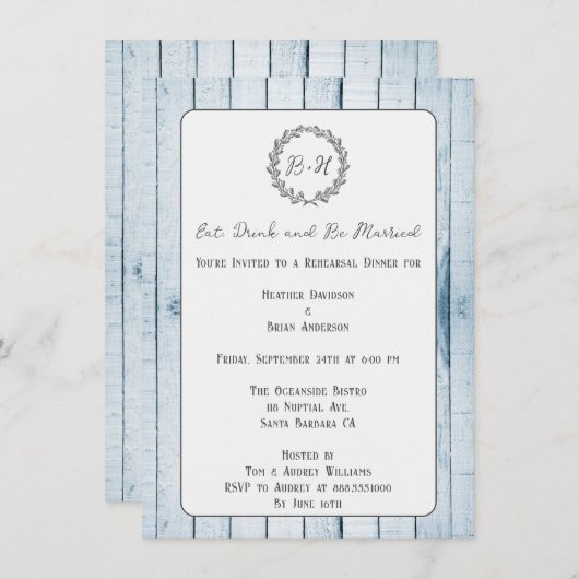 Blue Rustic Monogram Probe Dinner Einladung (Vorne/Hinten)