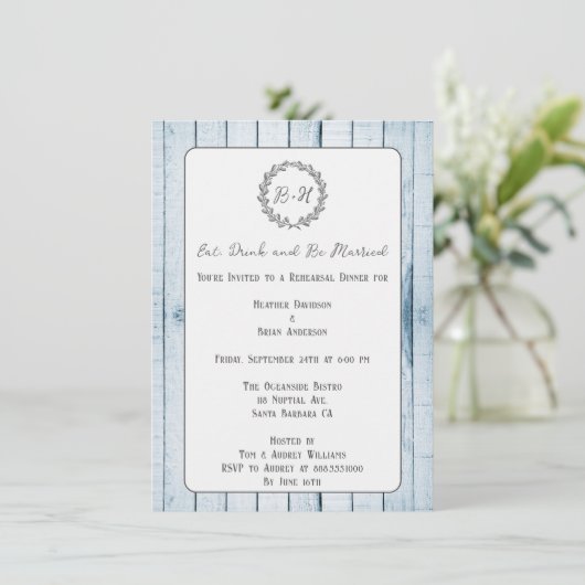 Blue Rustic Monogram Probe Dinner Einladung (Stehend Vorderseite)