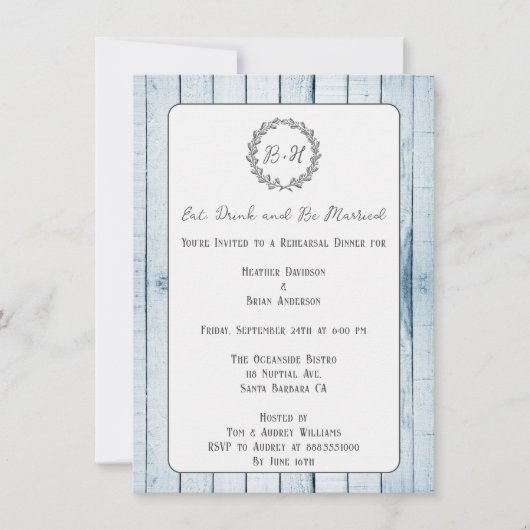 Blue Rustic Monogram Probe Dinner Einladung (Vorderseite)
