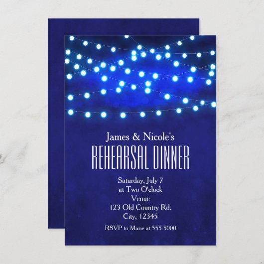 Blue Rustic Night String Lights Probe Dinner Einladung (Vorne/Hinten)