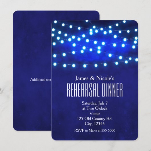 Blue Rustic Night String Lights Probe Dinner Einladung (Vorne/Hinten)