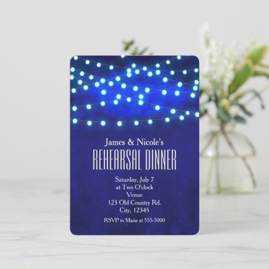 Blue Rustic Night String Lights Probe Dinner Einladung (Stehend Vorderseite)