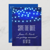 Blue Rustic Night String Lights Rett Date Postcard Ankündigungspostkarte (Vorne/Hinten)