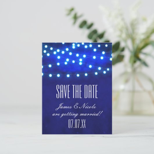 Blue Rustic Night String Lights Rett Date Postcard Ankündigungspostkarte (Stehend Vorderseite)